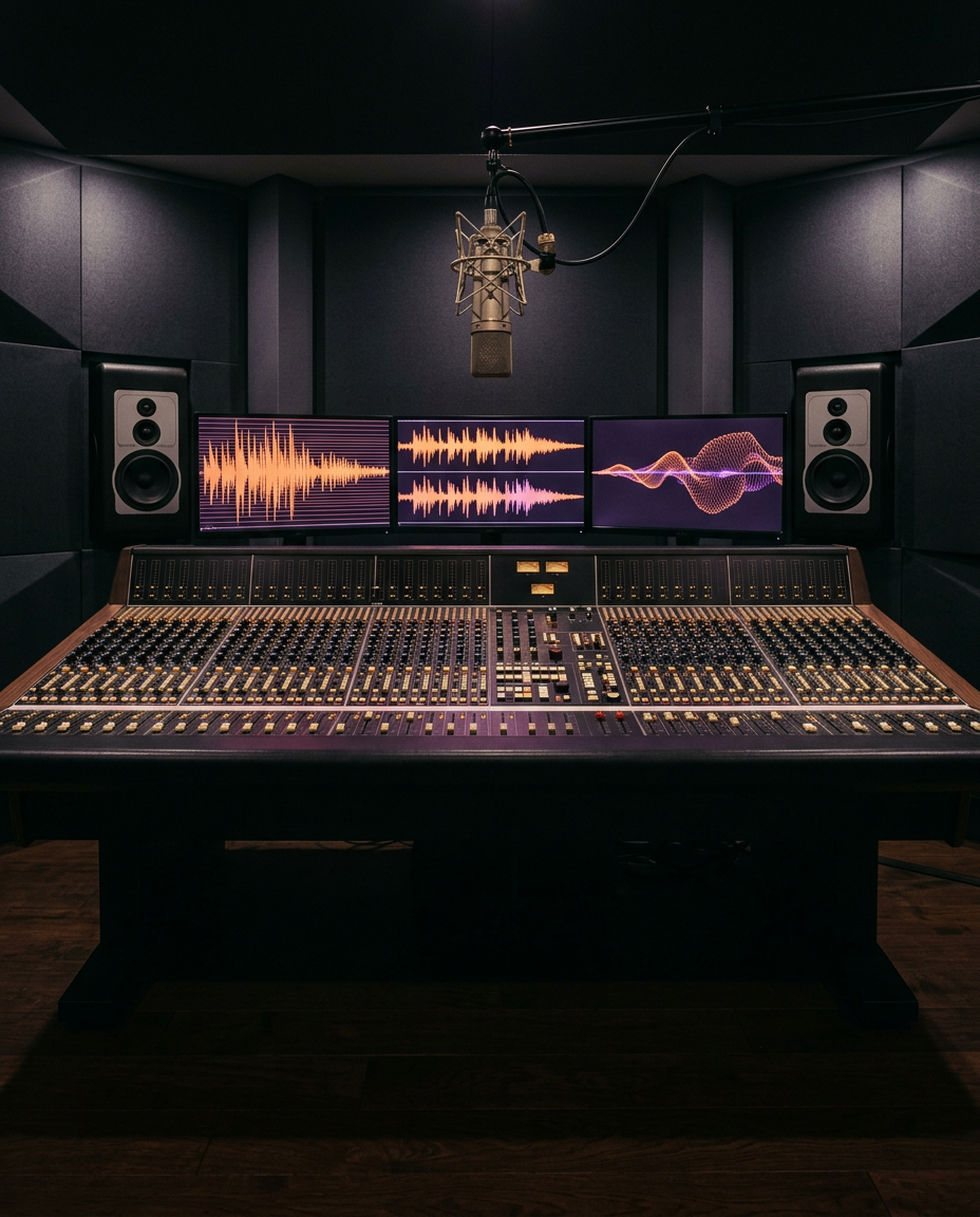Professional mixing console and microphone in an audio production studio