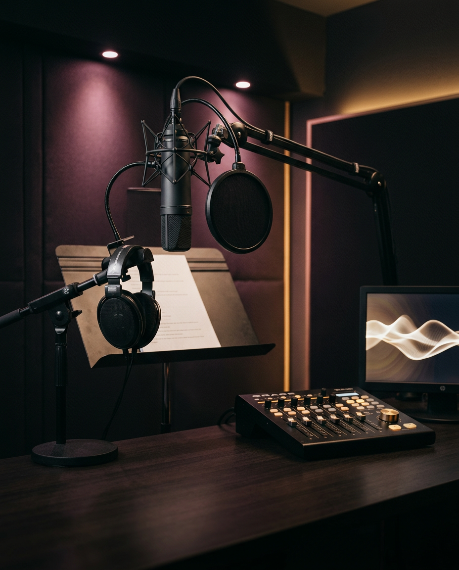 Microphone, headphones and direction console in a recording booth