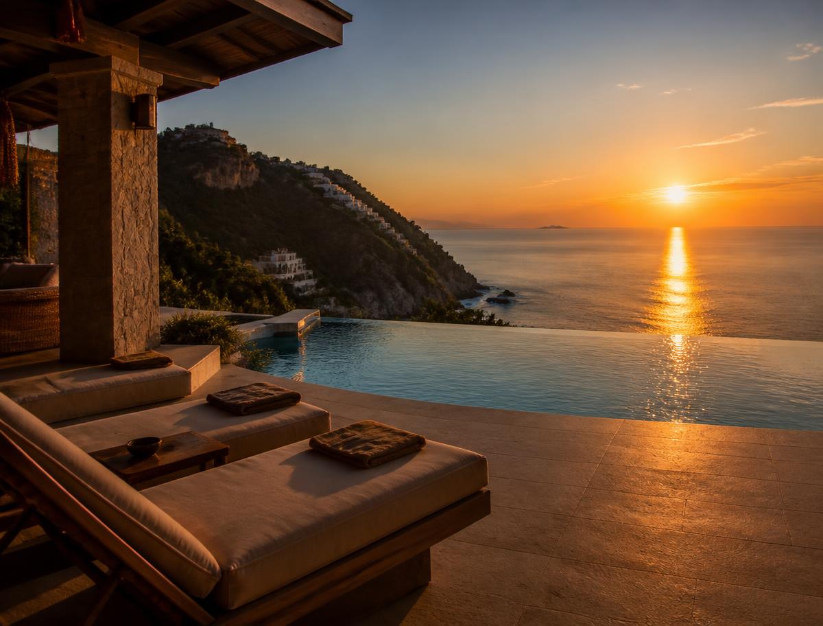 A cliffside infinity pool overlooking the sea at sunset