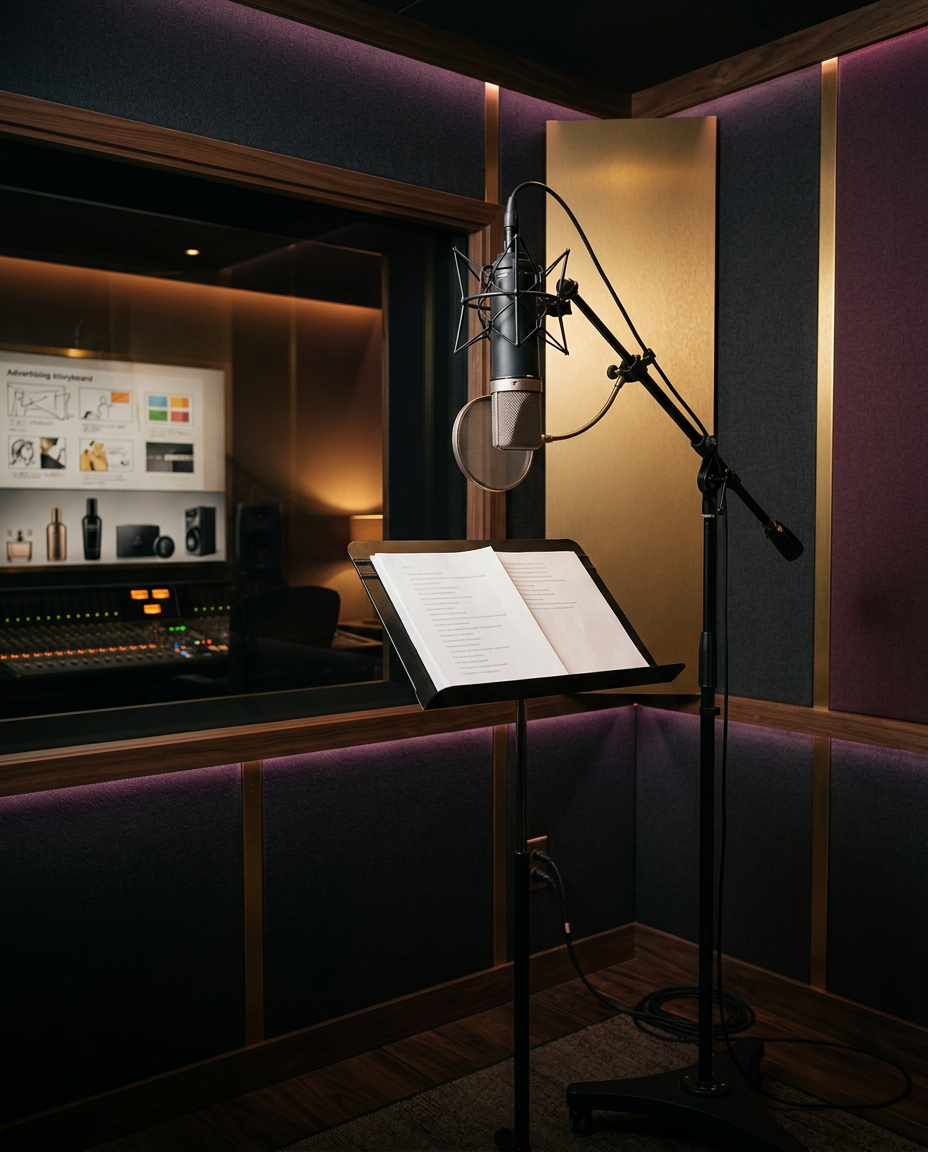 Professional microphone in a luxury commercial voiceover studio