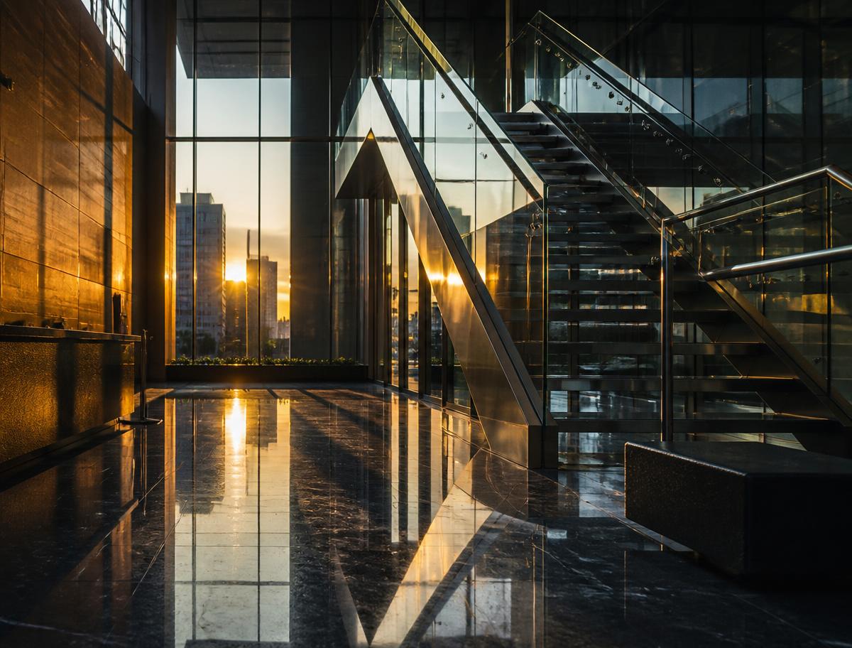 A modern corporate atrium at sunrise