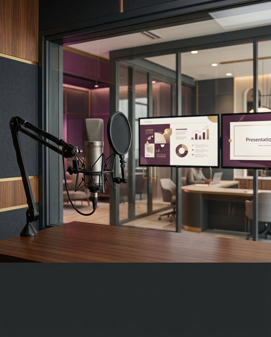 Voiceover microphone overlooking a modern corporate production suite