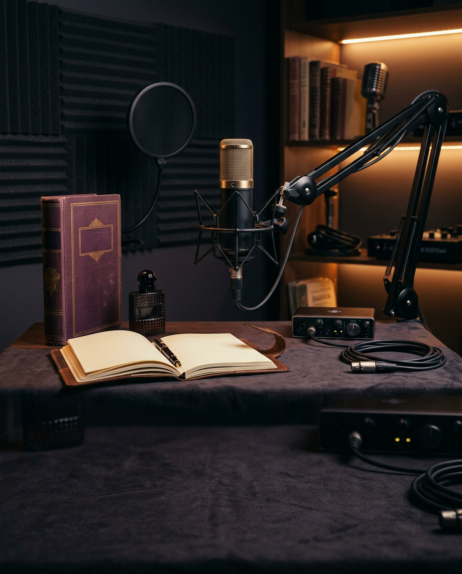 Versatile voice recording setup with books and creative production details