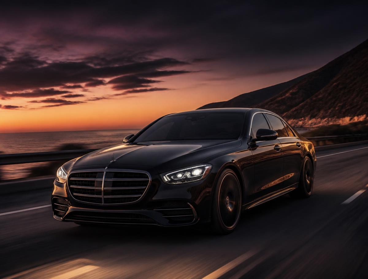A luxury sedan on a coastal highway at dusk