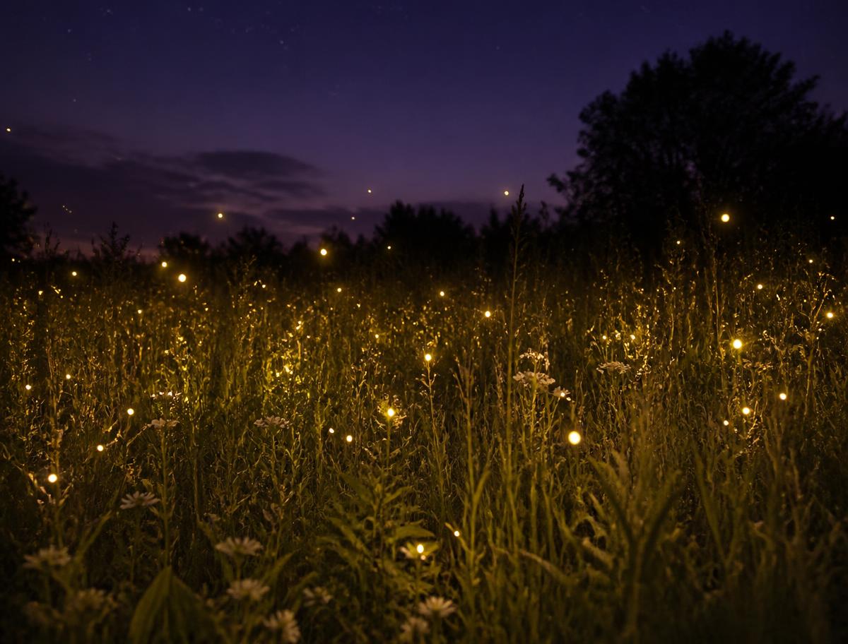 Fireflies glowing over a summer meadow at twilight
