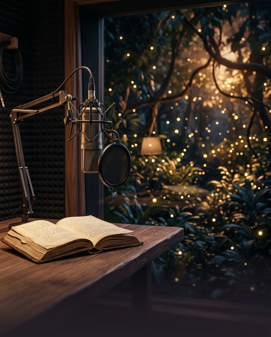 Open storybook beside a studio microphone and glowing garden