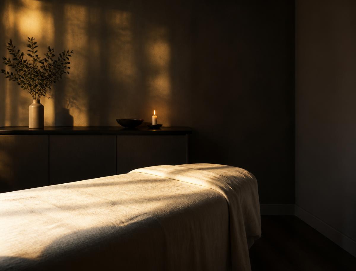 A calm candlelit wellness room in warm light